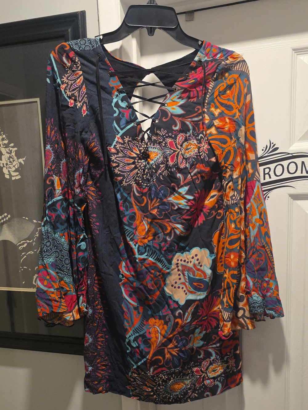 Boho Lace-Up Floral Bell-Sleeve Dress - Black Multi